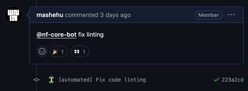 Screenshot of the nf-core-bot fix linting comment