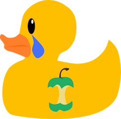 Sad looking cartoon yellow rubber duck with nf-core logo badge on it's body, with a large blue tear coming out of it's eye.