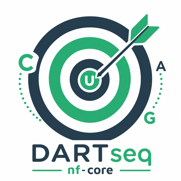 nf-core/dartseq logo: a dartboard with an arrow hitting a U at the centre