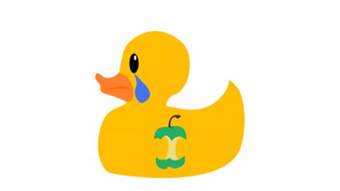 Sad looking cartoon yellow rubber duck with nf-core logo badge on it's body, with a large blue tear coming out of it's eye.