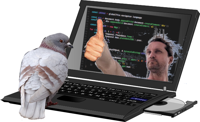 Badly photoshopped image of a pigeon developing code on a laptop