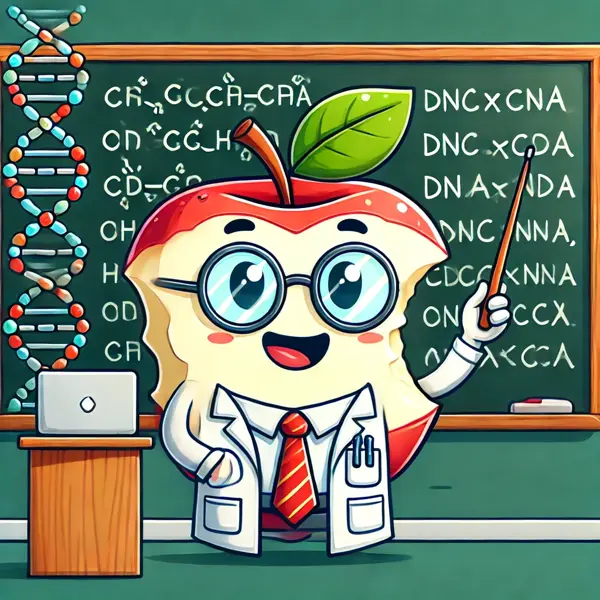 The nf-core apple in a restyled lab coat acting as a teacher of DNA things