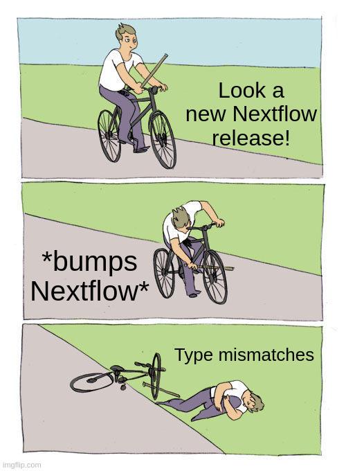 A meme showing a man riding a bicycle and putting a stick in his wheel. This symbolizes the experience of bumping to Nextflow 26.04.0