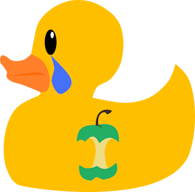 Sad looking cartoon yellow rubber duck with nf-core logo badge on its body, with a large blue tear coming out of its eye.