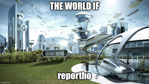 A futuristic city with flying vehicles, captioned in boldface with 'The world if reportho'