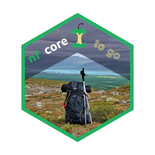 A hexagonal photo of a hiking backpack in a rocky landscape, captioned with "nf-core to go" above it.