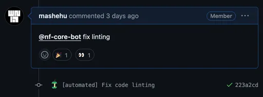 Screenshot of the nf-core-bot fix linting comment